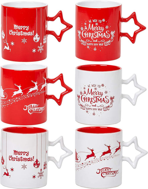 Load image into Gallery viewer, Red &amp; White Christmas Coffee Mugs with Star Handle Set of 6 | Large-Sized Christmas Mugs 14 Ounce New Year Holidays Novelty Christmas Cups - Decorative DIY Christmas Cute Mugs for Hot or Cold
